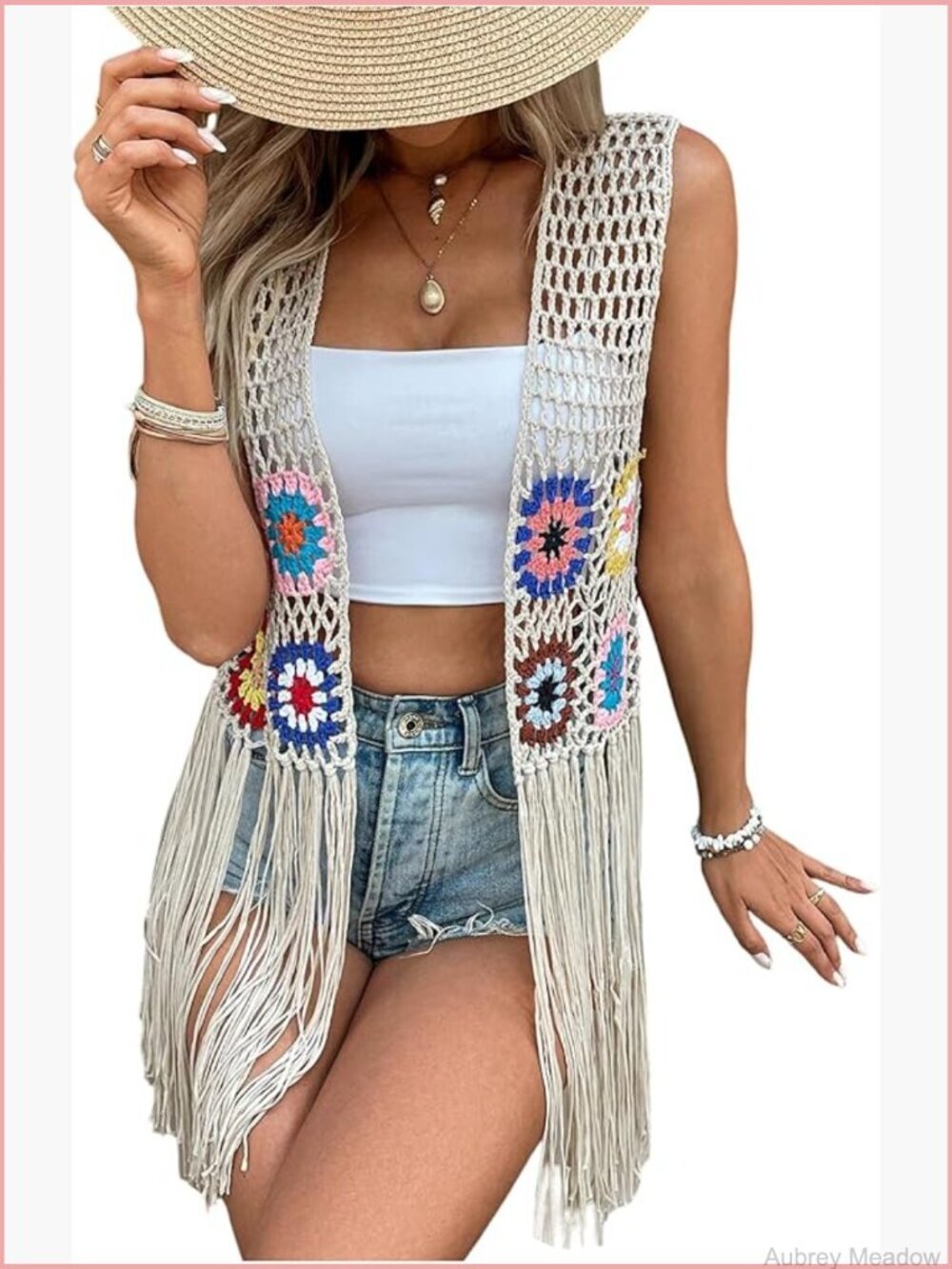 Vintage Hippie Fringe Vest Embroidered Crochet Tassel Cardigan Cowboy Western